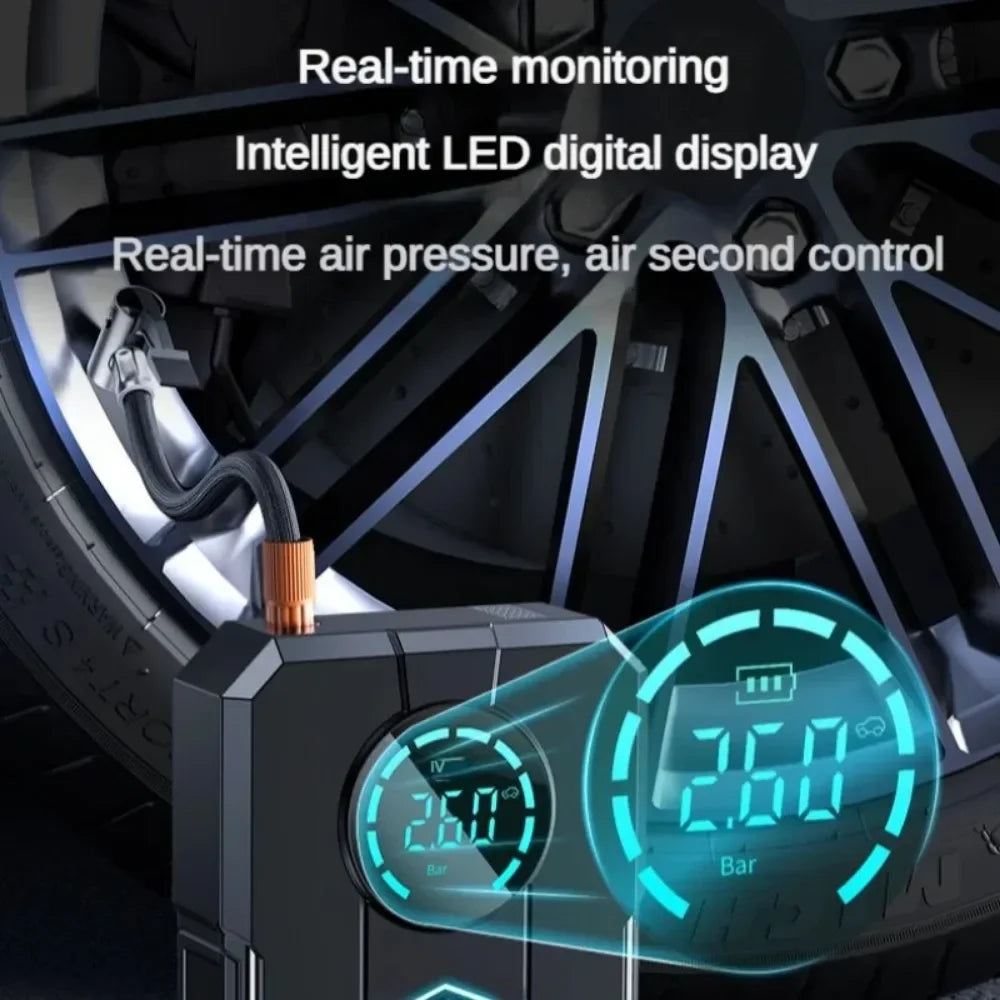 ✅ Compressor de Ar Portátil 3 em 1 - Power Bank 12.000mAh + Lanterna + Partida Veicular