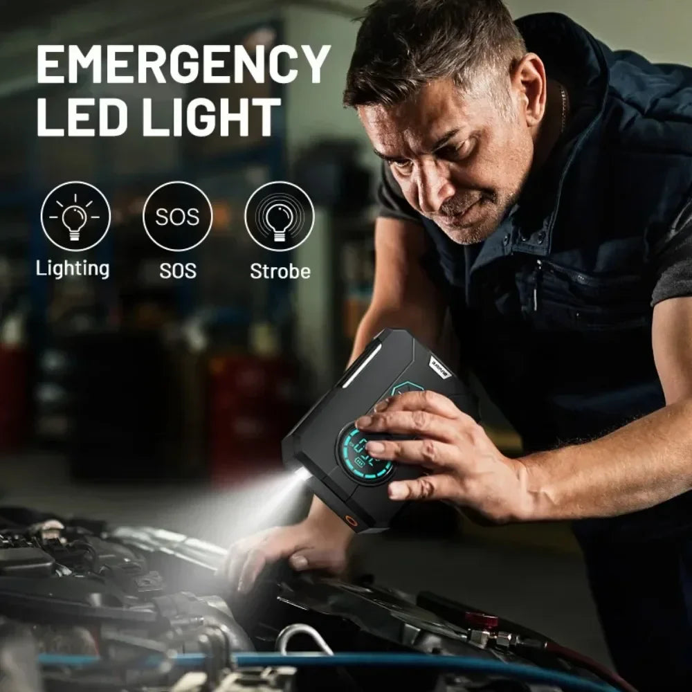 ✅ Compressor de Ar Portátil 3 em 1 - Power Bank 12.000mAh + Lanterna + Partida Veicular